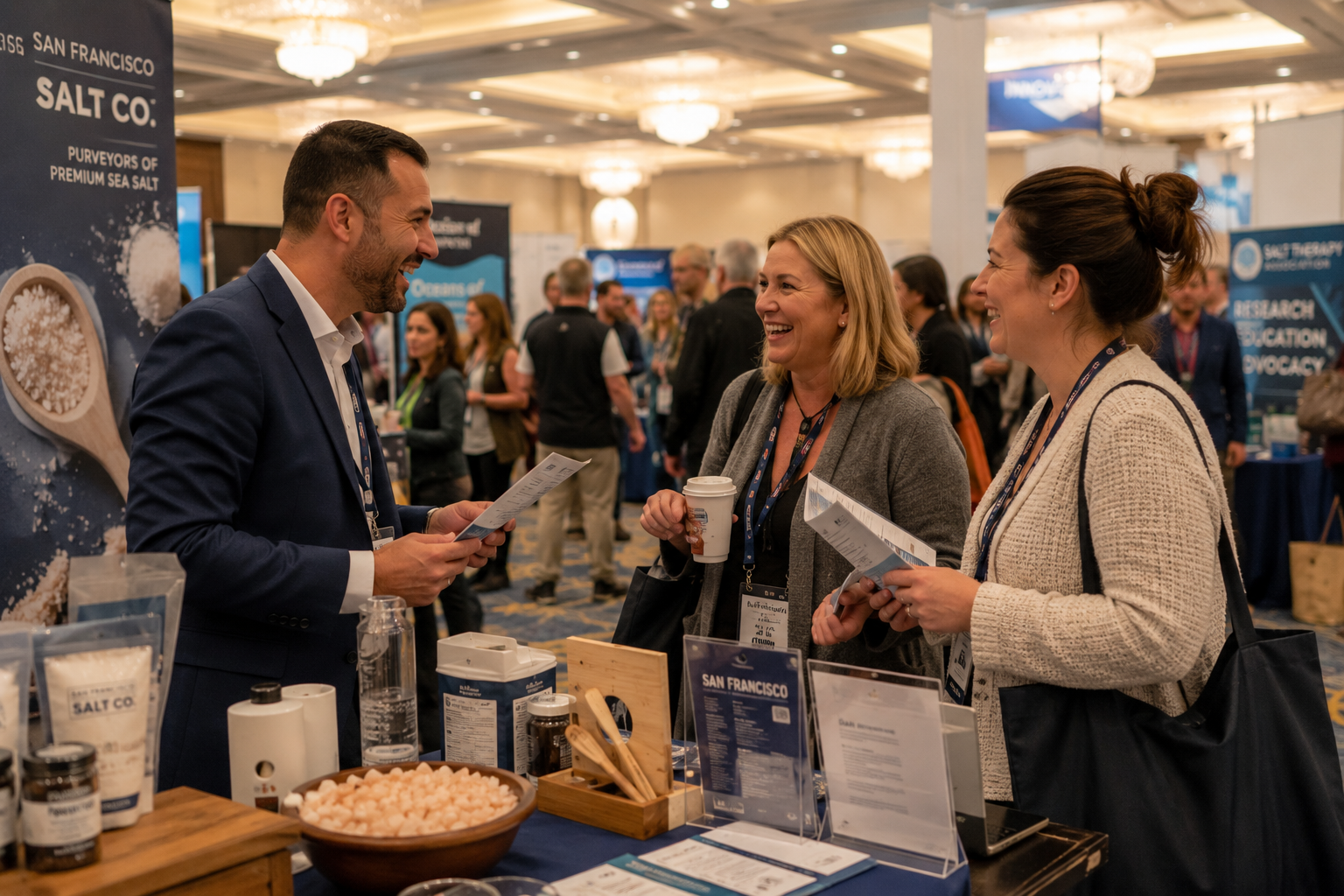STA community members connecting at an event expo booth.