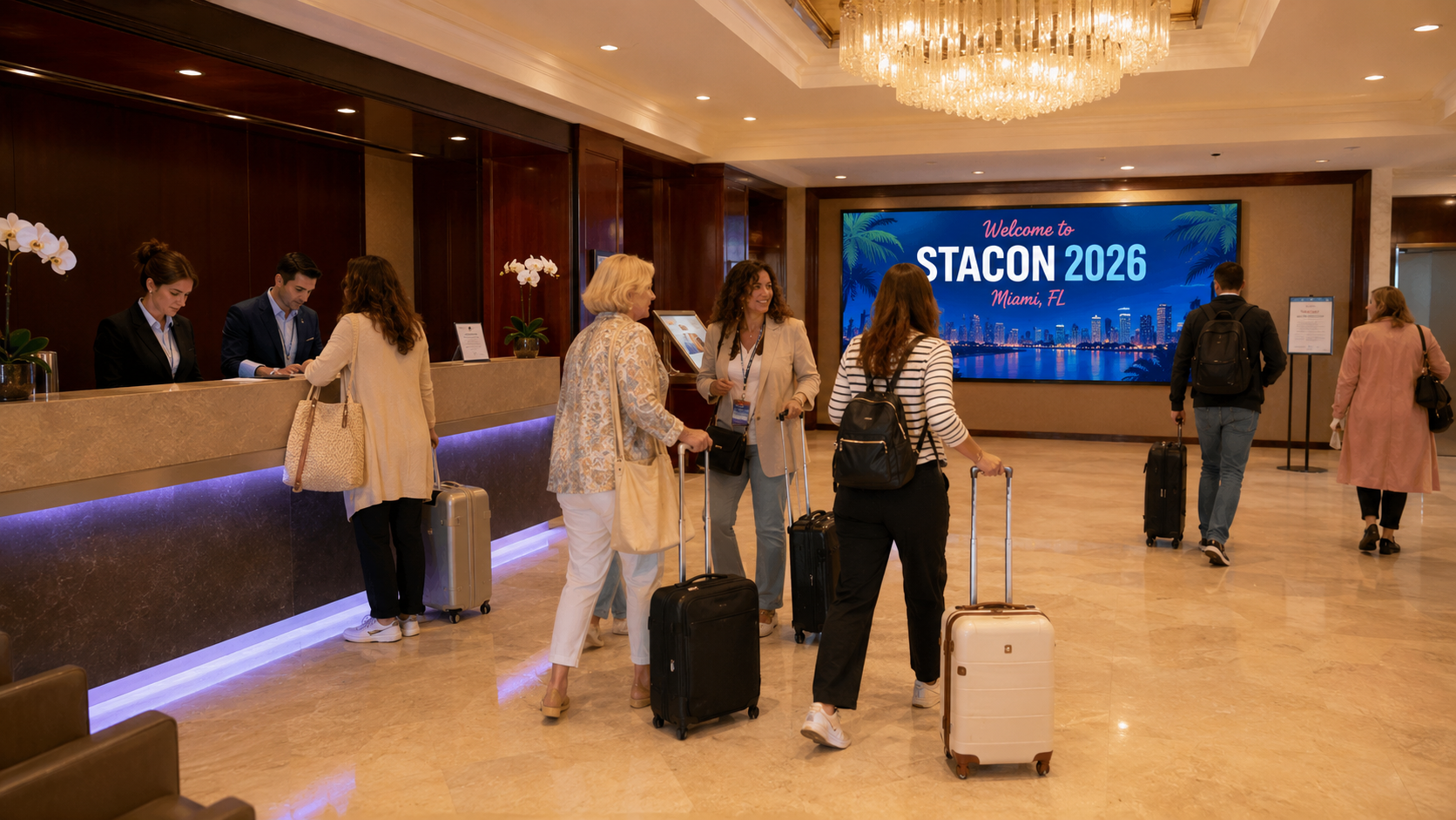STACon attendees arriving at the Miami Marriott lobby.