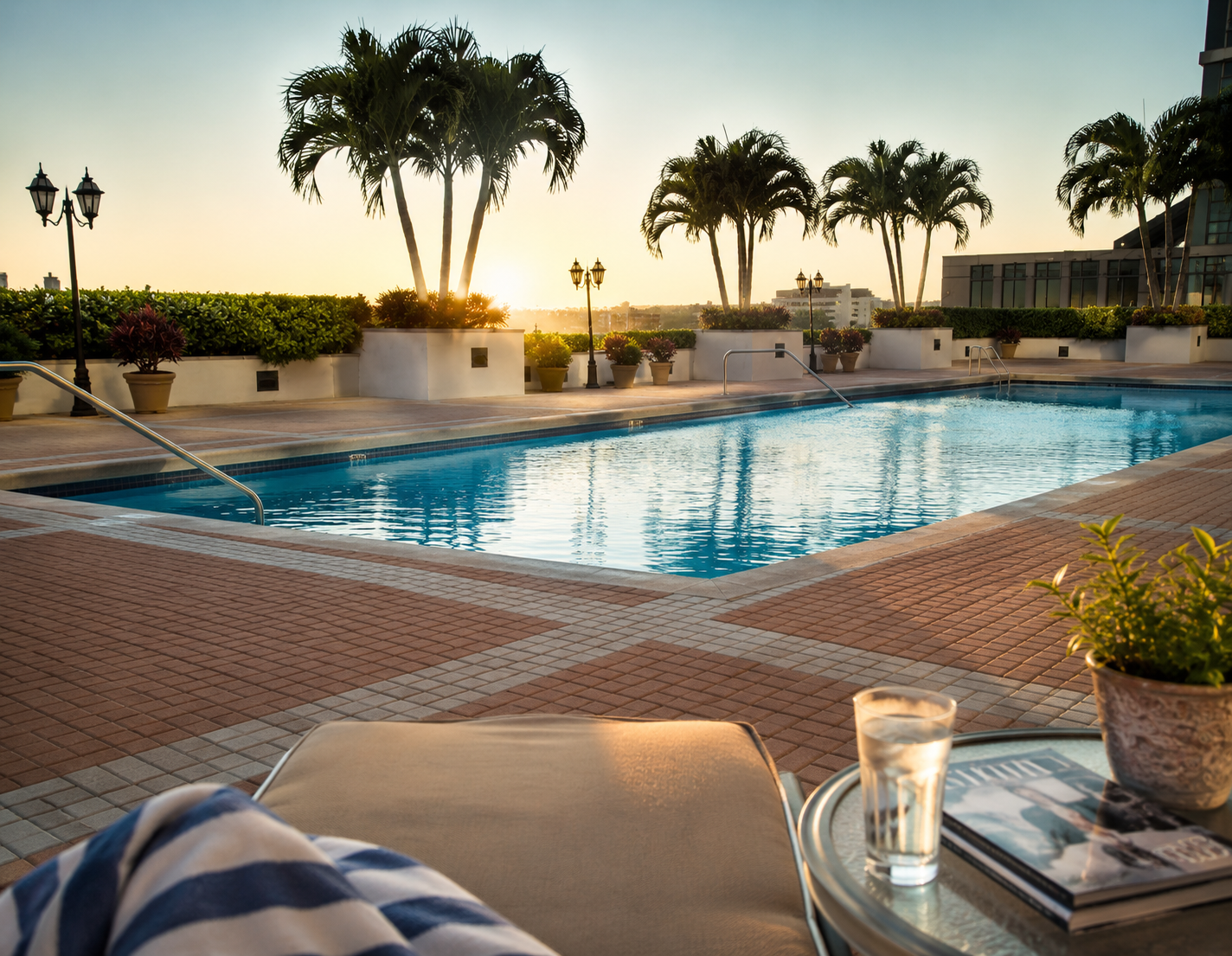 Pool deck at sunrise.
