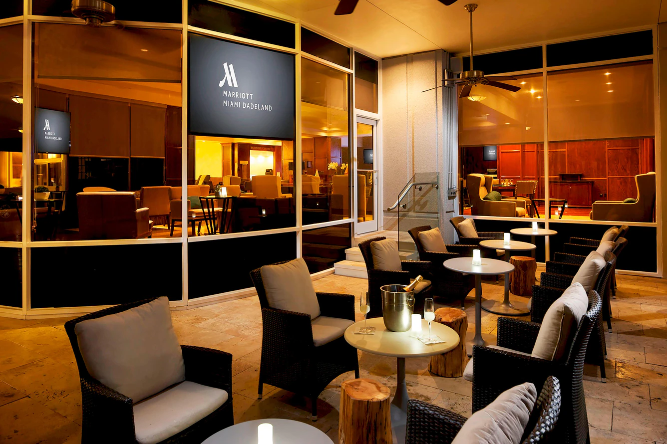 Le Mirage outdoor patio at night.