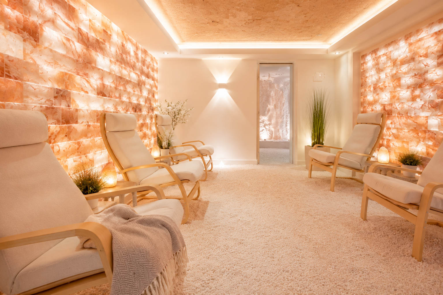 Modern salt therapy room with illuminated salt walls.