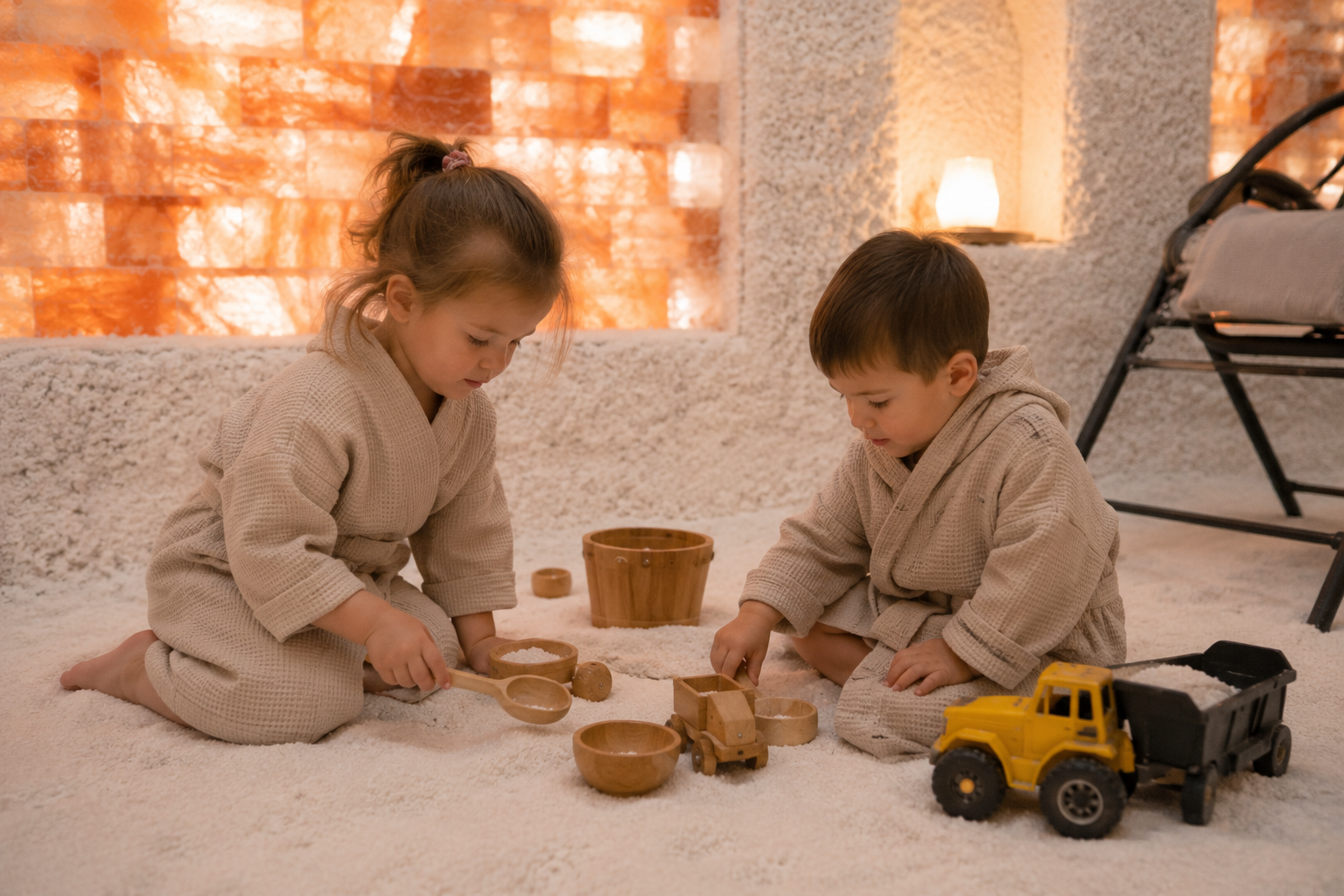 Two young children in robes playing in a salt room.