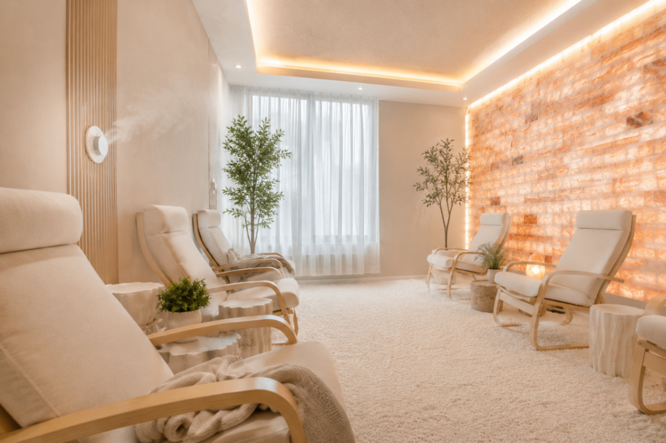 Softly lit salt room interior set for relaxation.